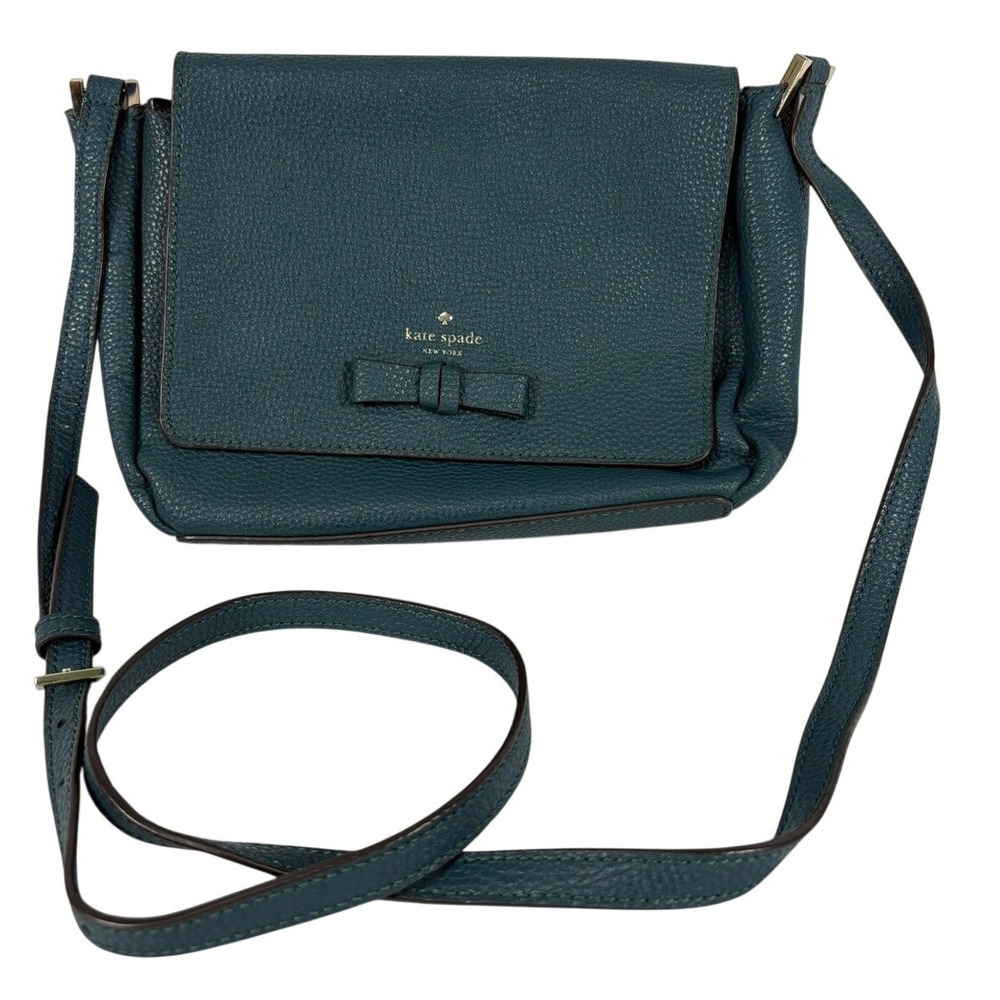Kate Spade Crossbody Bag Womens Small Teal Blue Pebbled Leather Bow Flap Purse